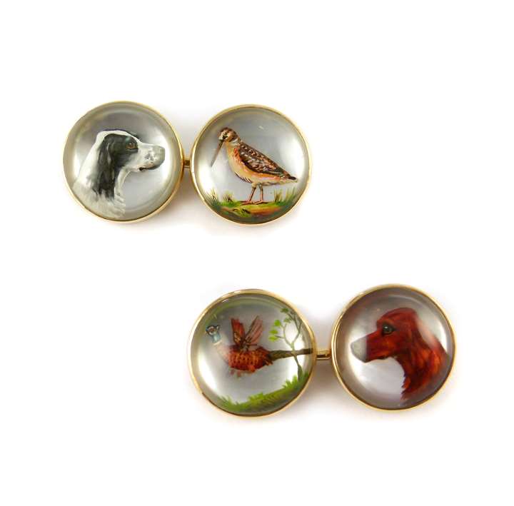 Antique reverse-painted intaglio crystal and gold hunting dog and bird cufflinks, probably American
